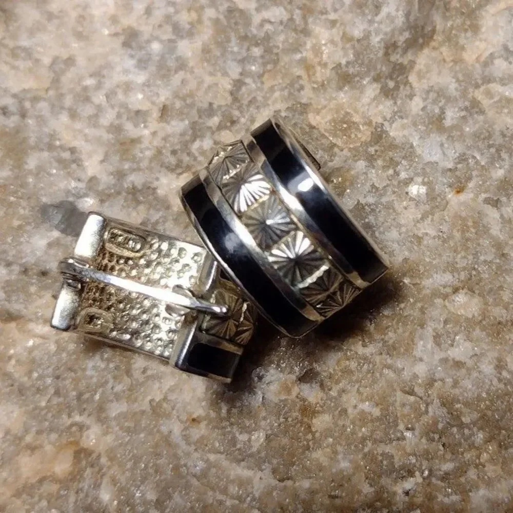 VTG CX Bright Cut Sterling Silver 925 Black Enamel Wide Hoop Hugger Earrings